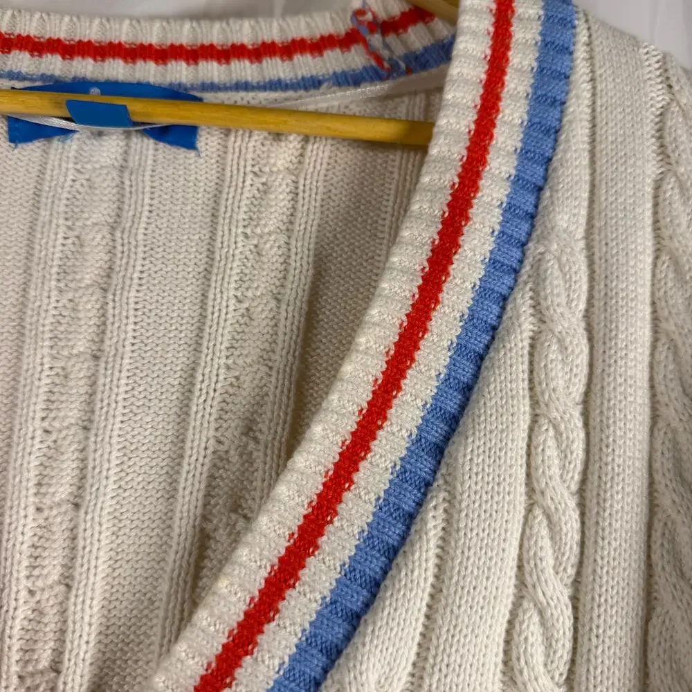 Prince Pickleball Cable Knit Cardigan Med Cream V-Neck Button Front Striped Trim